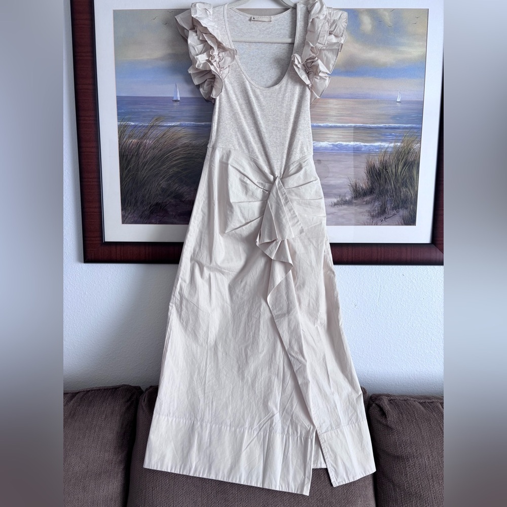 Ulla Johnson Isabella Ruffled Midi Dress in Ivory Melange Beige Size: XS - Picture 2 of 15